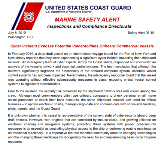 USCG連續警告破壞商船計算機系統惡意軟件