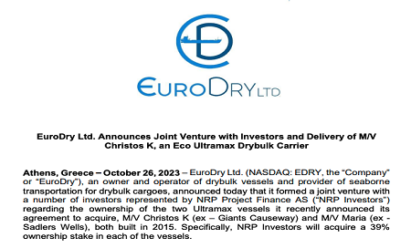 EuroDry成立新合資公司收購兩艘Ultramax型船